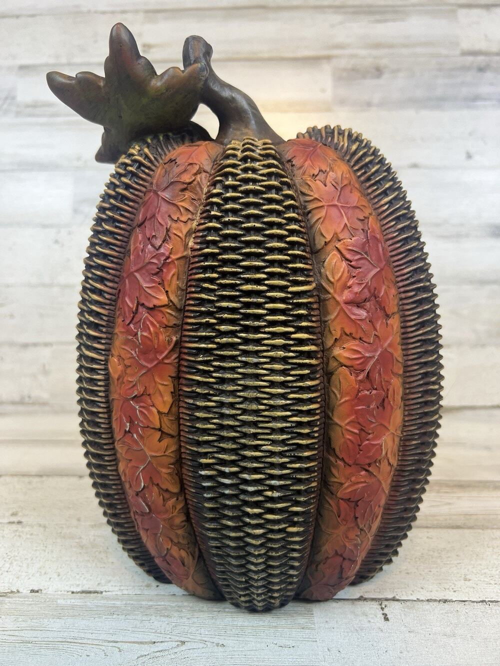Fall Pumpkin Figurine Resin Woven Leaf Texture Rustic Autumn Harvest Decor